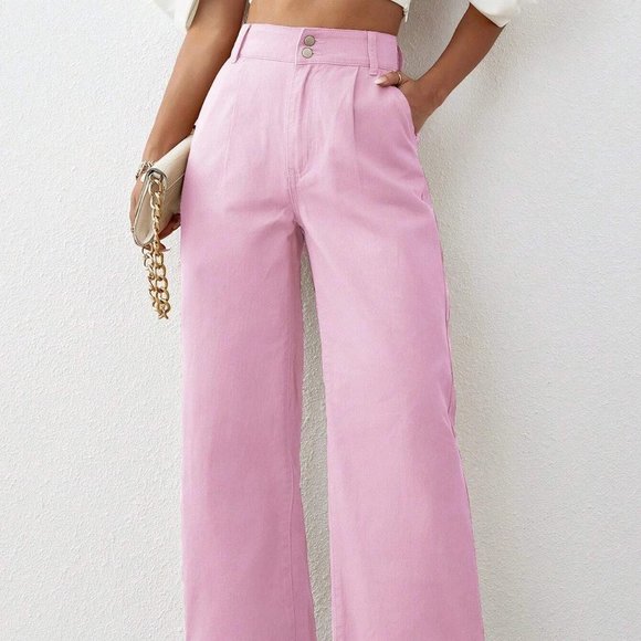 Pink Preppy Womens Solid High Waist Wide Leg Jeans - Picture 2 of 5